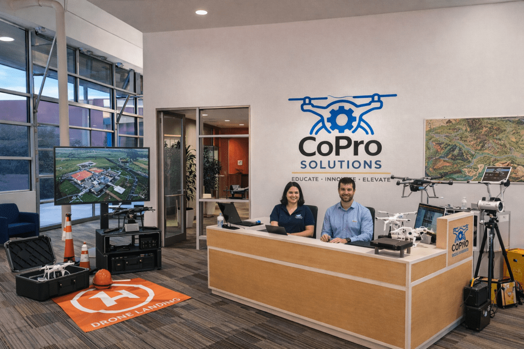 A small office with a reception desk at its center, with two people sitting there and equipment and technology surrounding...