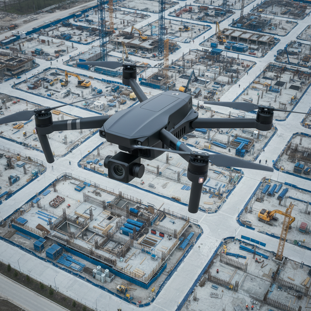 A sleek matte-black quadcopter drone with precision-engineered propellers hovers steadily above a large, modern construction site. The drone’s streamlined exterior and integrated camera module are finely detailed, reflecting engineering excellence. Below, the meticulously organized building site features clean grid lines of concrete foundations, scaffolding, and heavy equipment. Cool overcast daylight creates even, diffused illumination across both drone and site, highlighting structural elements and casting soft shadows. The mood is professional and focused, conveying advanced technology at work. Shot from a slightly elevated angle with sharp focus throughout, the composition balances the drone against the urban grid below, embodying a photographic realism and clean, corporate aesthetic that emphasizes clarity and expertise in aerial documentation.
