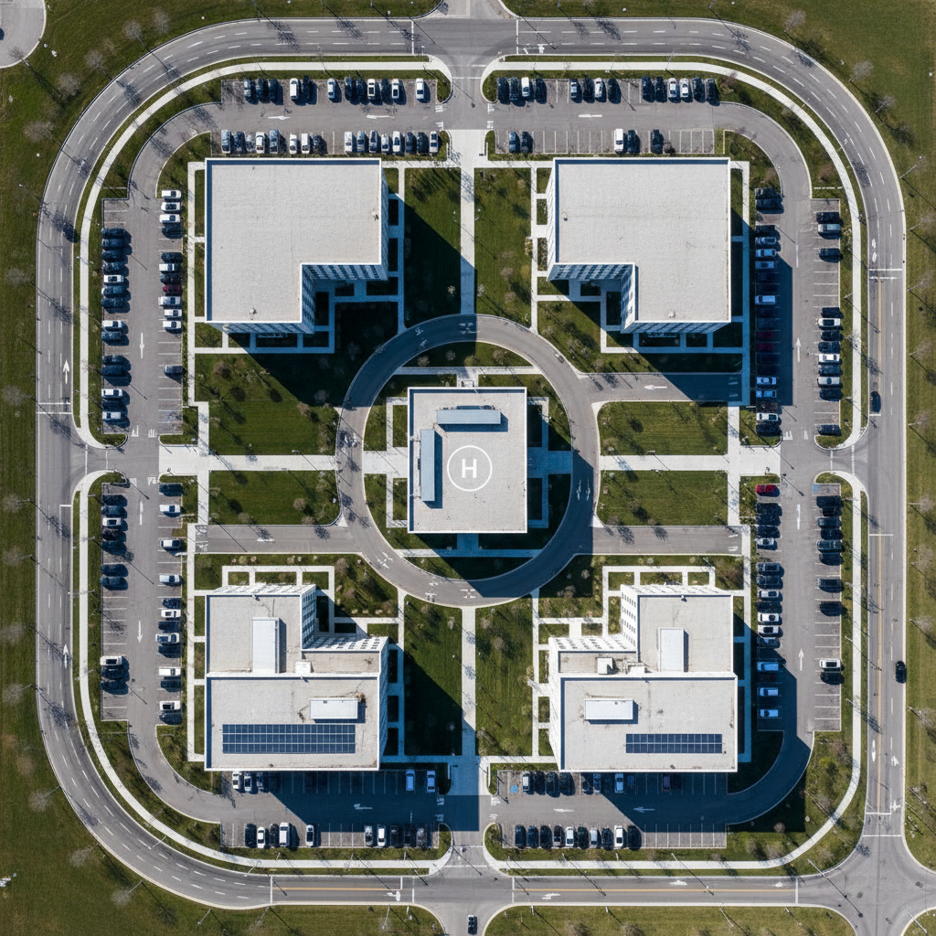 A high-resolution drone camera captures an expansive aerial view of a commercial property complex surrounded by neatly landscaped grounds and access roads. Modern, neutral-toned office buildings form geometric patterns, their sharp edges echoed by manicured lawns and parking spaces. The lighting is crisp midday sunlight, providing clear, glare-free visibility, and accentuating the uniform lines and structured layout of the property. The overall mood is orderly and efficient, communicating comprehensive situational awareness. The image employs a true top-down, bird’s-eye perspective with every detail in crisp focus, embodying professional photographic realism with clean lines and a balanced, minimalist composition that reflects the site’s business-oriented approach.