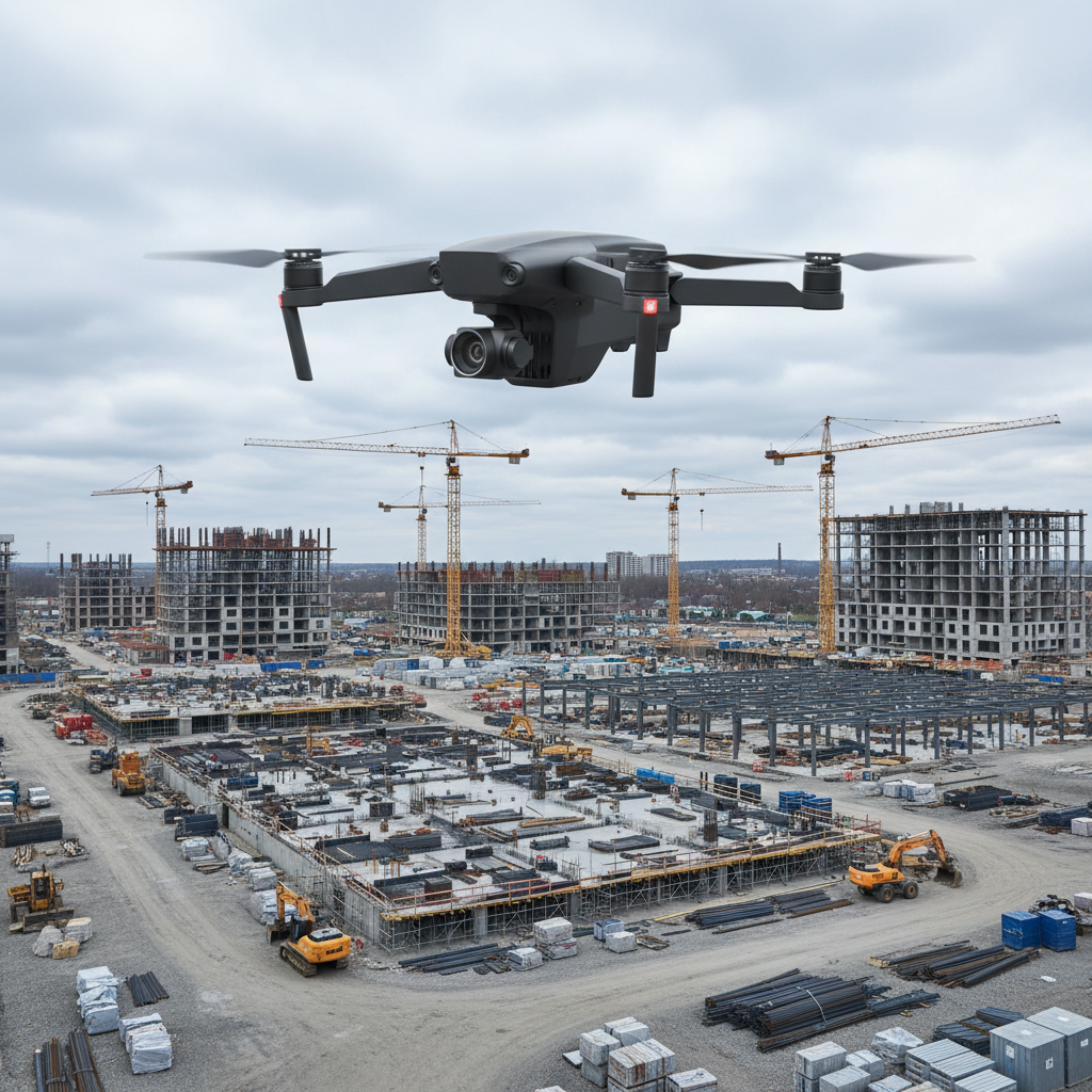 A sleek matte-black quadcopter drone with precision-engineered propellers hovers steadily above a large, modern construction site. The drone’s streamlined exterior and integrated camera module are finely detailed, reflecting engineering excellence. Below, the meticulously organized building site features clean grid lines of concrete foundations, scaffolding, and heavy equipment. Cool overcast daylight creates even, diffused illumination across both drone and site, highlighting structural elements and casting soft shadows. The mood is professional and focused, conveying advanced technology at work. Shot from a slightly elevated angle with sharp focus throughout, the composition balances the drone against the urban grid below, embodying a photographic realism and clean, corporate aesthetic that emphasizes clarity and expertise in aerial documentation.