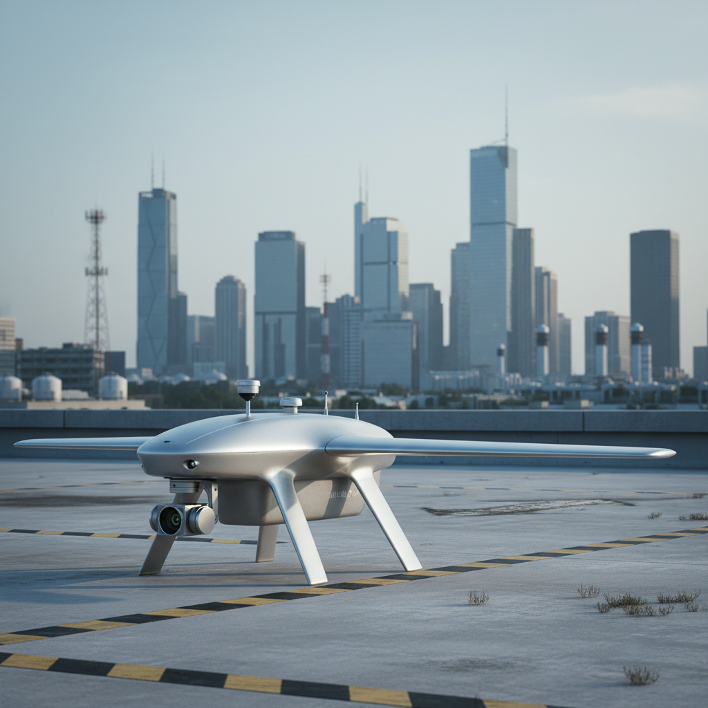 A streamlined, contemporary drone with a brushed metal finish sits poised for launch on a sturdy rooftop the surface dotted with safety markings and subtle weathering. The drone’s sleek sensors and gimbal system are crisp and precisely rendered, hinting at advanced features. Wide panoramic cityscape stretches out behind, with a mix of office towers and utility infrastructure rendered in cool, neutral hues. Late afternoon light casts a gentle, cool tone with subtle highlights on metallic surfaces, creating clear separation between foreground and background. The composition favors a rule-of-thirds balance and moderate depth of field, emphasizing readiness and innovation. The mood is quietly dynamic and forward-thinking, captured in a clean, modern style ideal for a corporate technology provider.